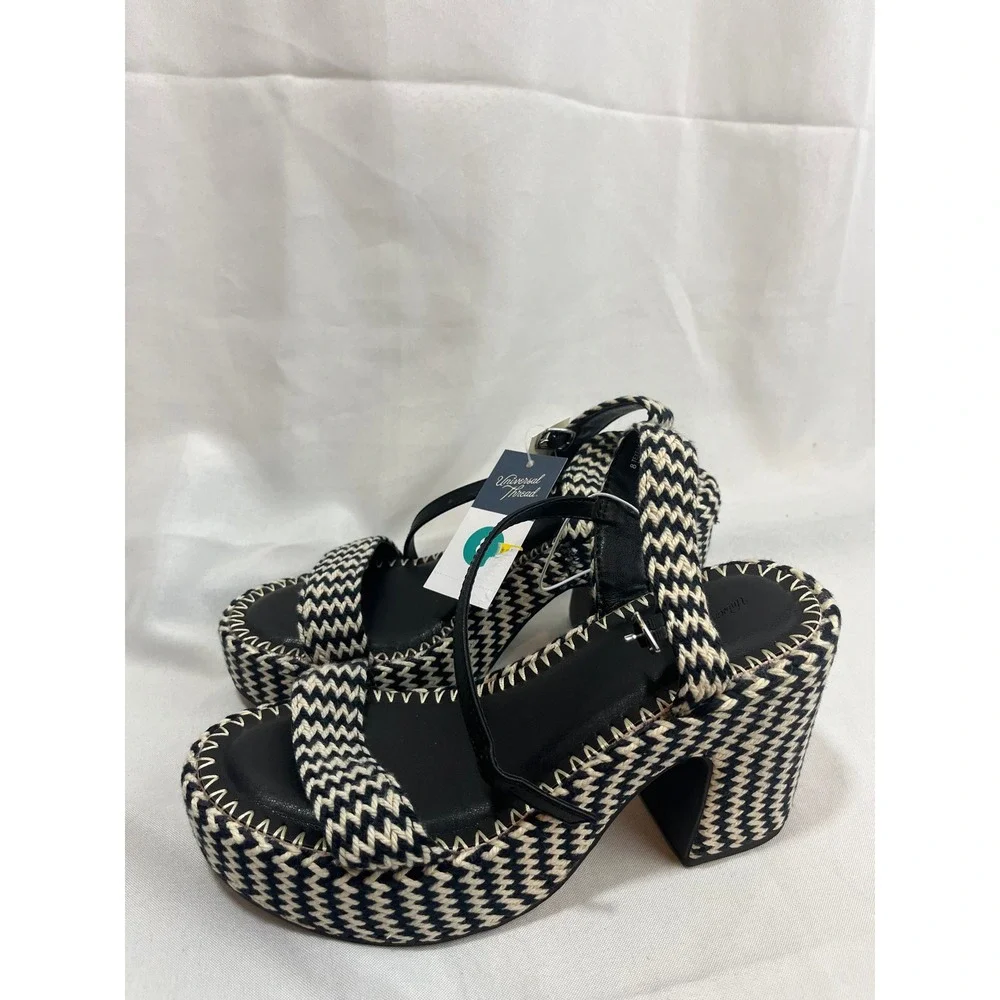 Universal Thread Womens Black Cream Woven Chevron Platform Block Heel Sandals 8